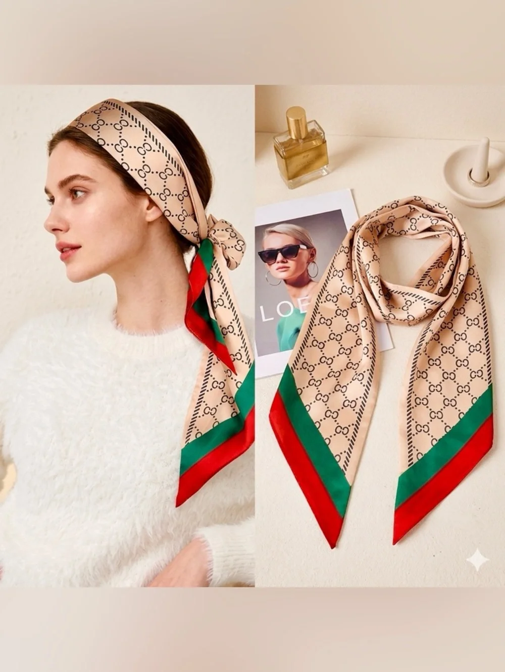 Elegant Satin Silk Twilly Scarf – Designer Inspired Stripe & Monogram Style